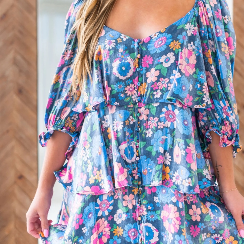 Floral Blue Dress with Pink and Green Accents
